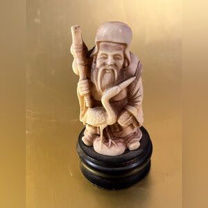 Vintage Carved Resin Figurine of Chinese Wiseman w/Staff & Crane Bird Mudman